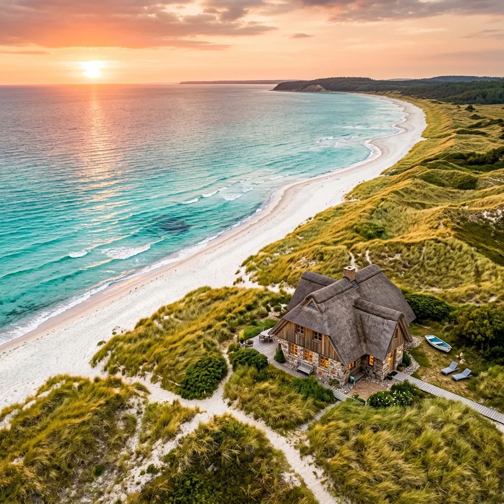 Reetdachhaus an der Ostsee bei Sonnenuntergang